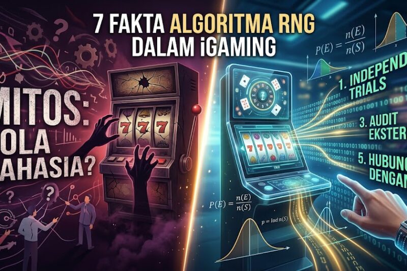 Ilustrasi komparatif yang memisahkan mitos pola rahasia dan fakta ilmiah tentang algoritma RNG dalam iGaming, menampilkan slot machine kuno dan terminal modern dengan data biner.