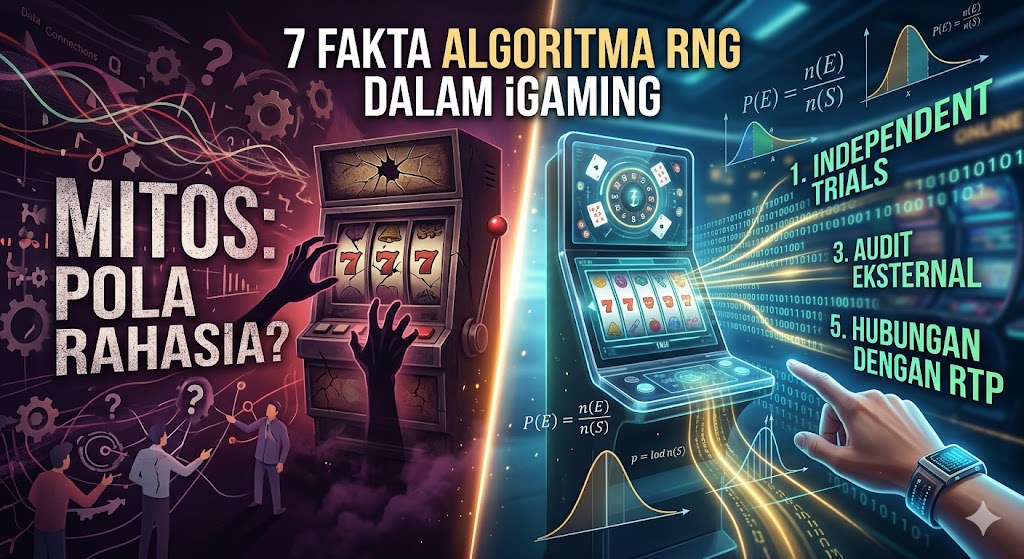 Ilustrasi komparatif yang memisahkan mitos pola rahasia dan fakta ilmiah tentang algoritma RNG dalam iGaming, menampilkan slot machine kuno dan terminal modern dengan data biner.