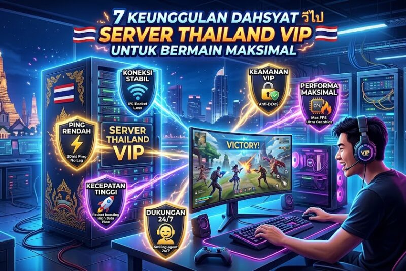 Ilustrasi seorang gamer menikmati 7 keunggulan Server Thailand VIP dengan koneksi super cepat, stabil, dan ping rendah untuk bermain maksimal.