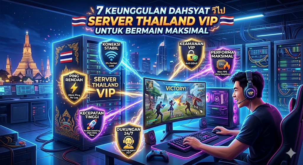 Ilustrasi seorang gamer menikmati 7 keunggulan Server Thailand VIP dengan koneksi super cepat, stabil, dan ping rendah untuk bermain maksimal.