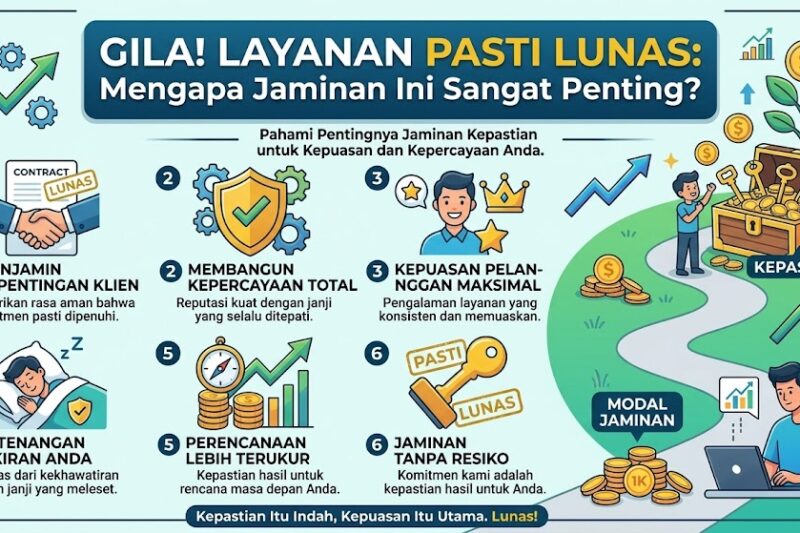 Infografis bisnis profesional berwarna biru dan hijau yang menjelaskan pentingnya layanan jaminan pembayaran. Di tengah terdapat ilustrasi perisai keamanan, jabat tangan, dan dokumen transaksi. Dikelilingi oleh empat kotak manfaat yang berisi ikon dan teks: Keamanan Transaksi, Bebas Risiko Penipuan, Stabilitas Arus Kas, dan Kepuasan Pelanggan.