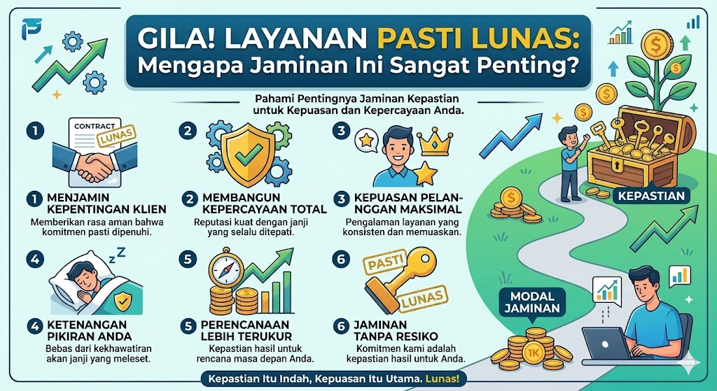 Infografis bisnis profesional berwarna biru dan hijau yang menjelaskan pentingnya layanan jaminan pembayaran. Di tengah terdapat ilustrasi perisai keamanan, jabat tangan, dan dokumen transaksi. Dikelilingi oleh empat kotak manfaat yang berisi ikon dan teks: Keamanan Transaksi, Bebas Risiko Penipuan, Stabilitas Arus Kas, dan Kepuasan Pelanggan.